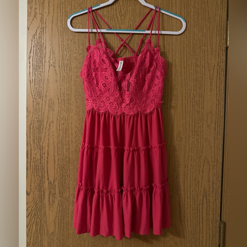 Zenana Strappy Magenta Lace Ruffled Super Short Mini Dress - 1X-NWOT